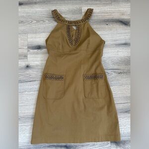 Milly Tan Cotton Lined Sun Dress w/ Stud Detail | Fabric from Italy | Sz 6 - 10